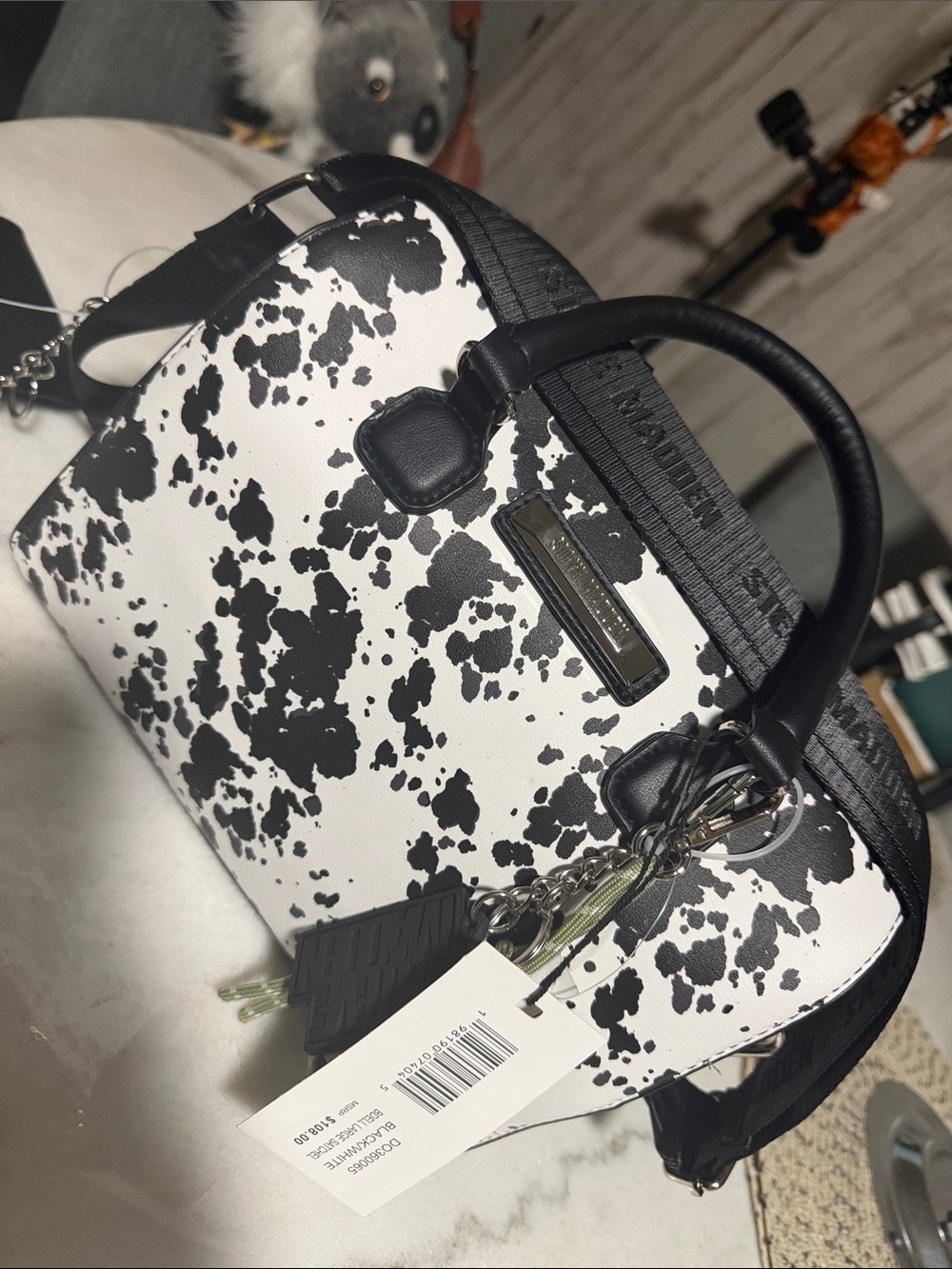Steve Madden Black White Animal Print Satchel Soccer Ball Charm Coin Purse Women